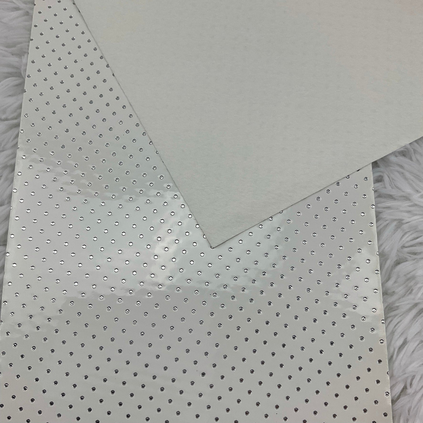 White Silver Polka Dots Stamped Embossed Glossy Faux Leather
