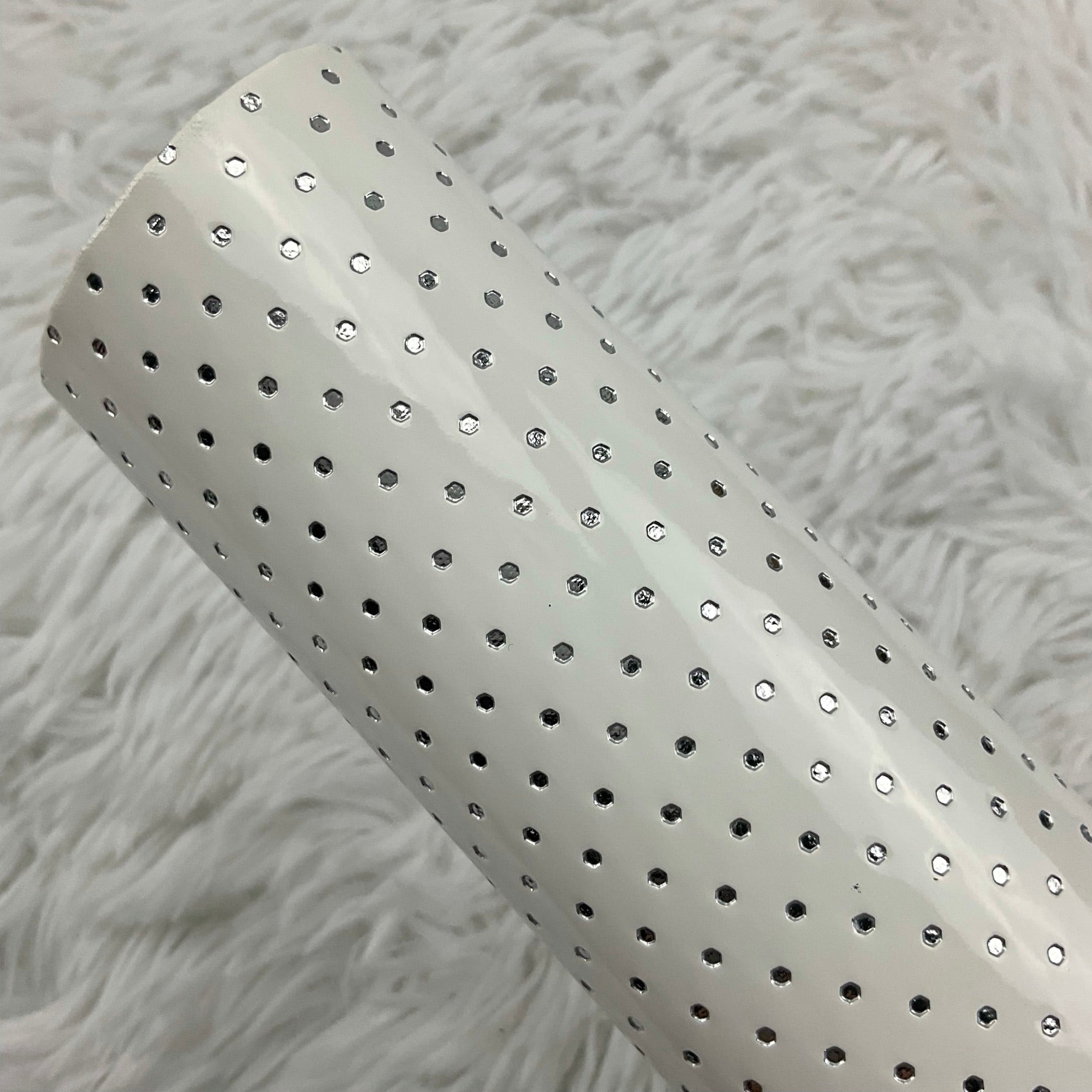 White Silver Polka Dots Stamped Embossed Glossy Faux Leather