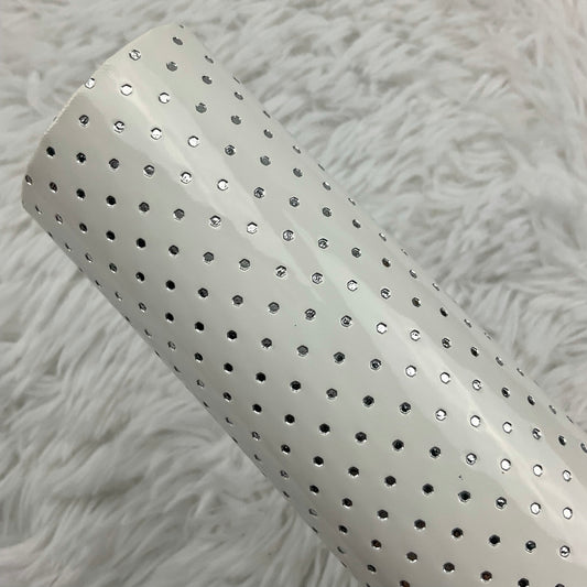 White Silver Polka Dots Stamped Embossed Glossy Faux Leather
