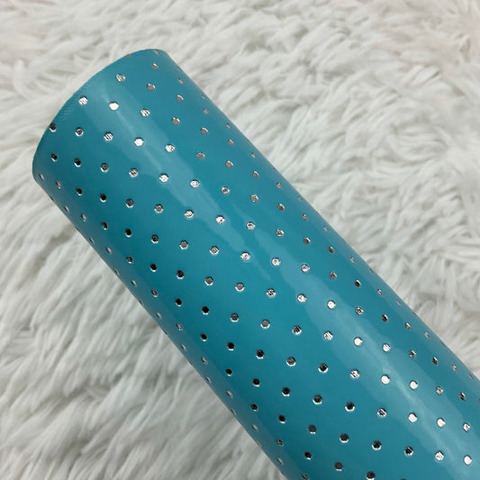 Blue Silver Polka Dots Stamped Embossed Glossy Faux Leather
