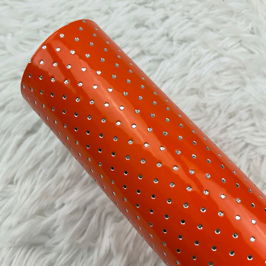 Orange Silver Polka Dots Stamped Embossed Glossy Faux Leather