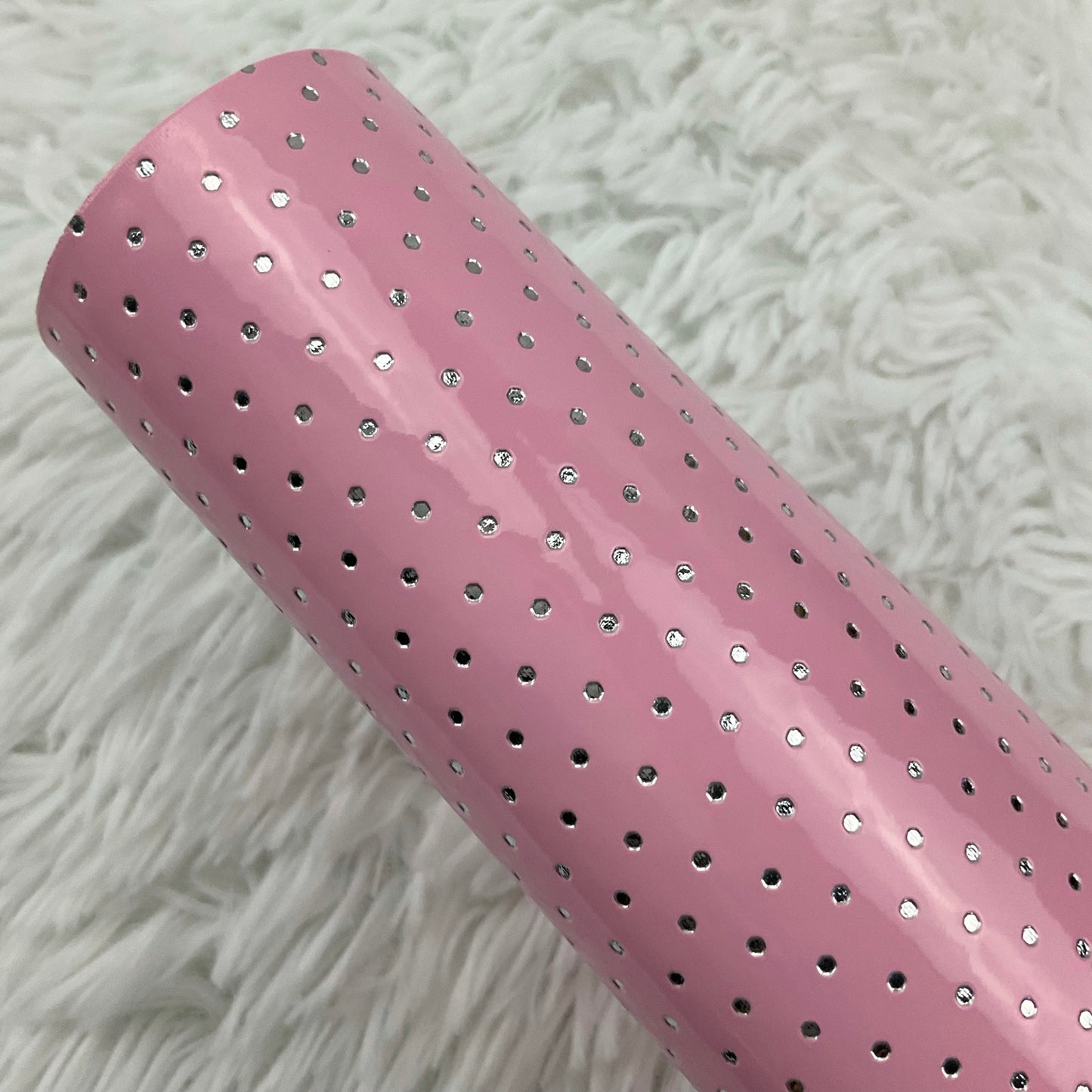 Pink Silver Polka Dots Stamped Embossed Glossy Faux Leather