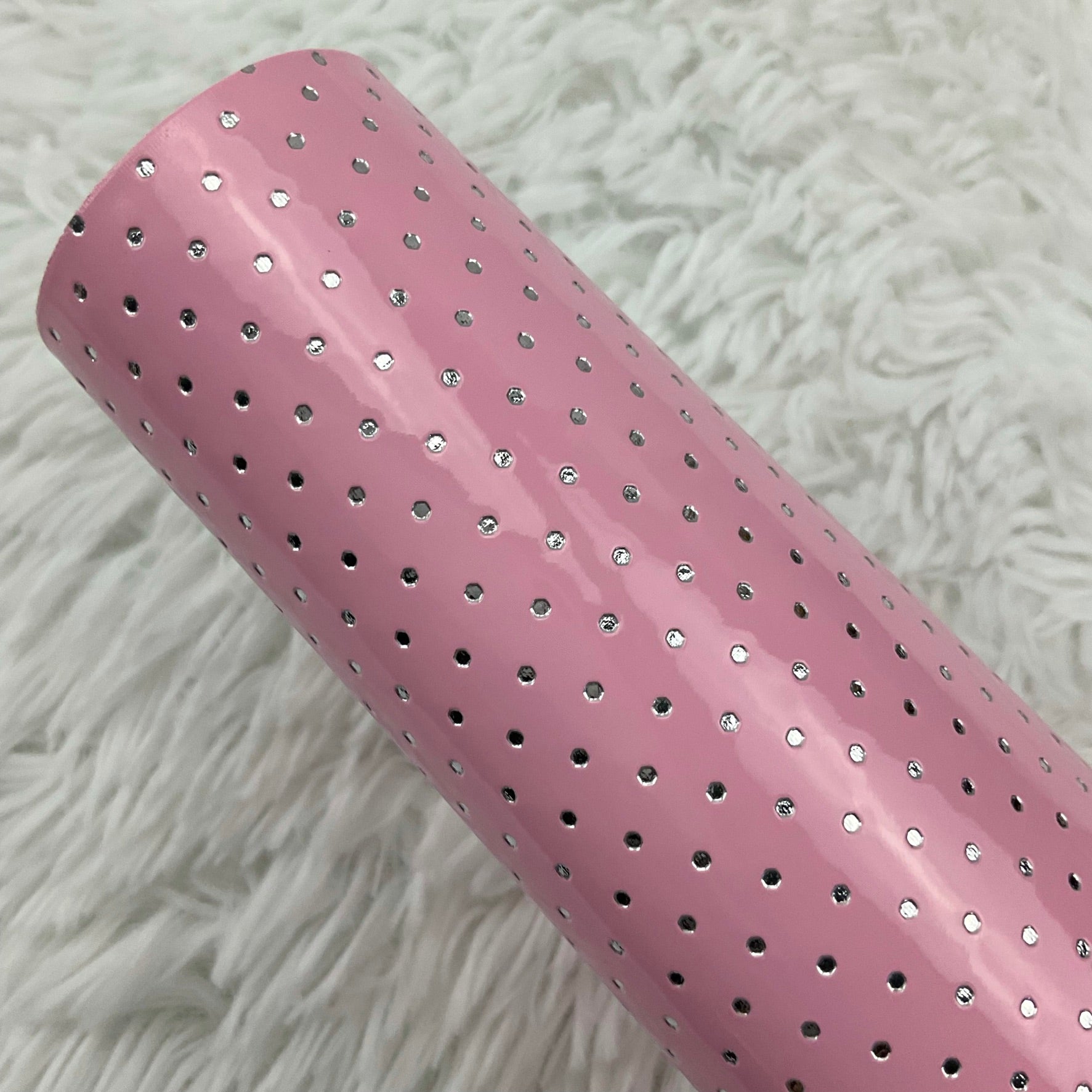 Pink Silver Polka Dots Stamped Embossed Glossy Faux Leather