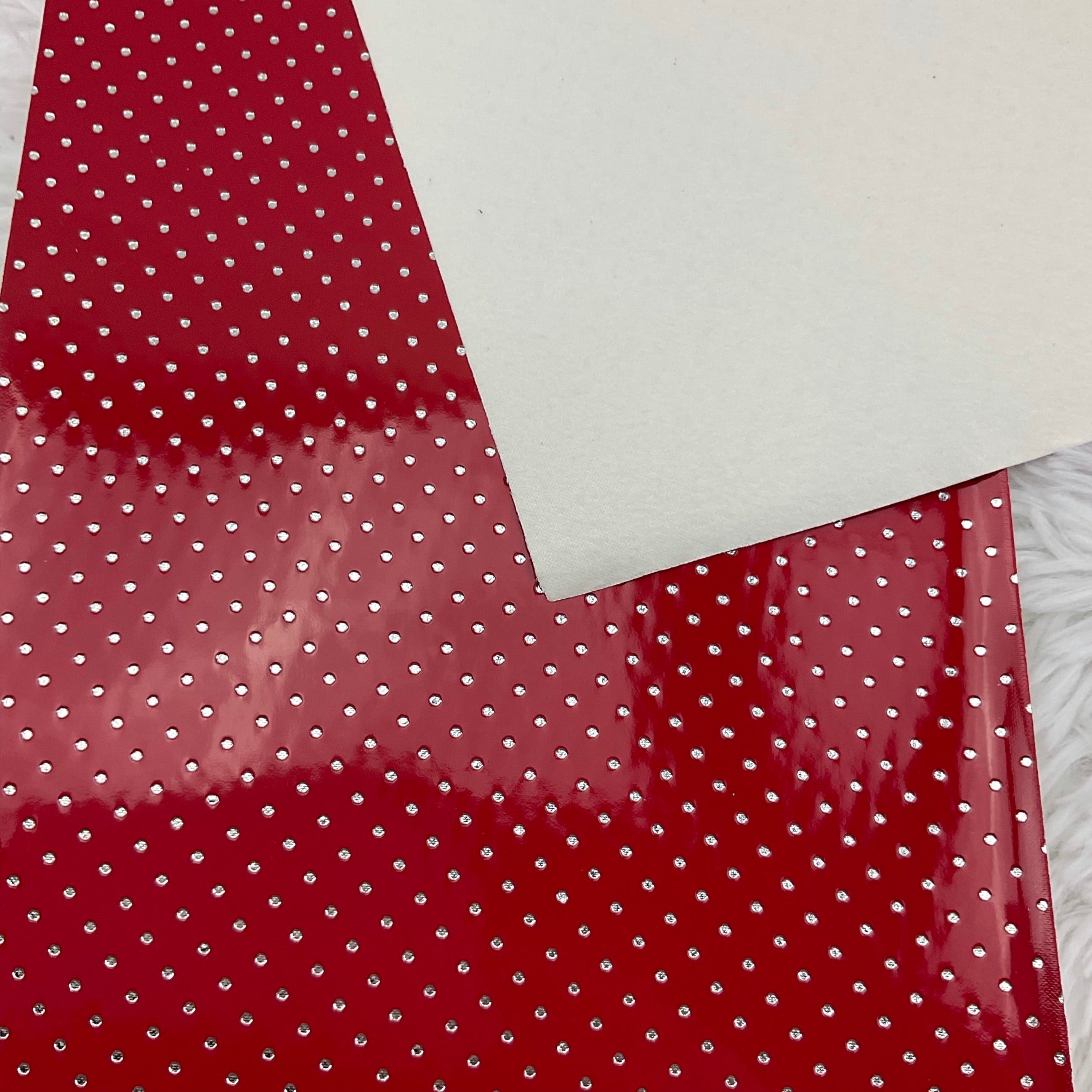 Red Silver Polka Dots Stamped Embossed Glossy Faux Leather