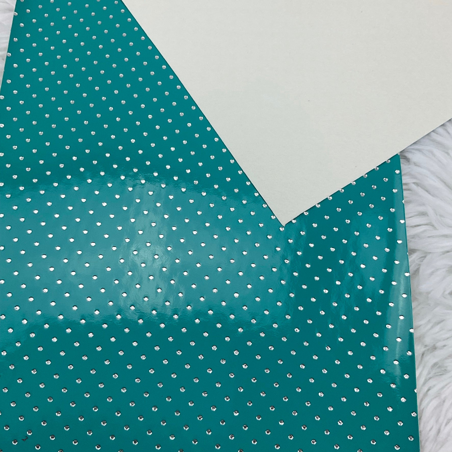 Turquoise Silver Polka Dots Stamped Embossed Glossy Faux Leather