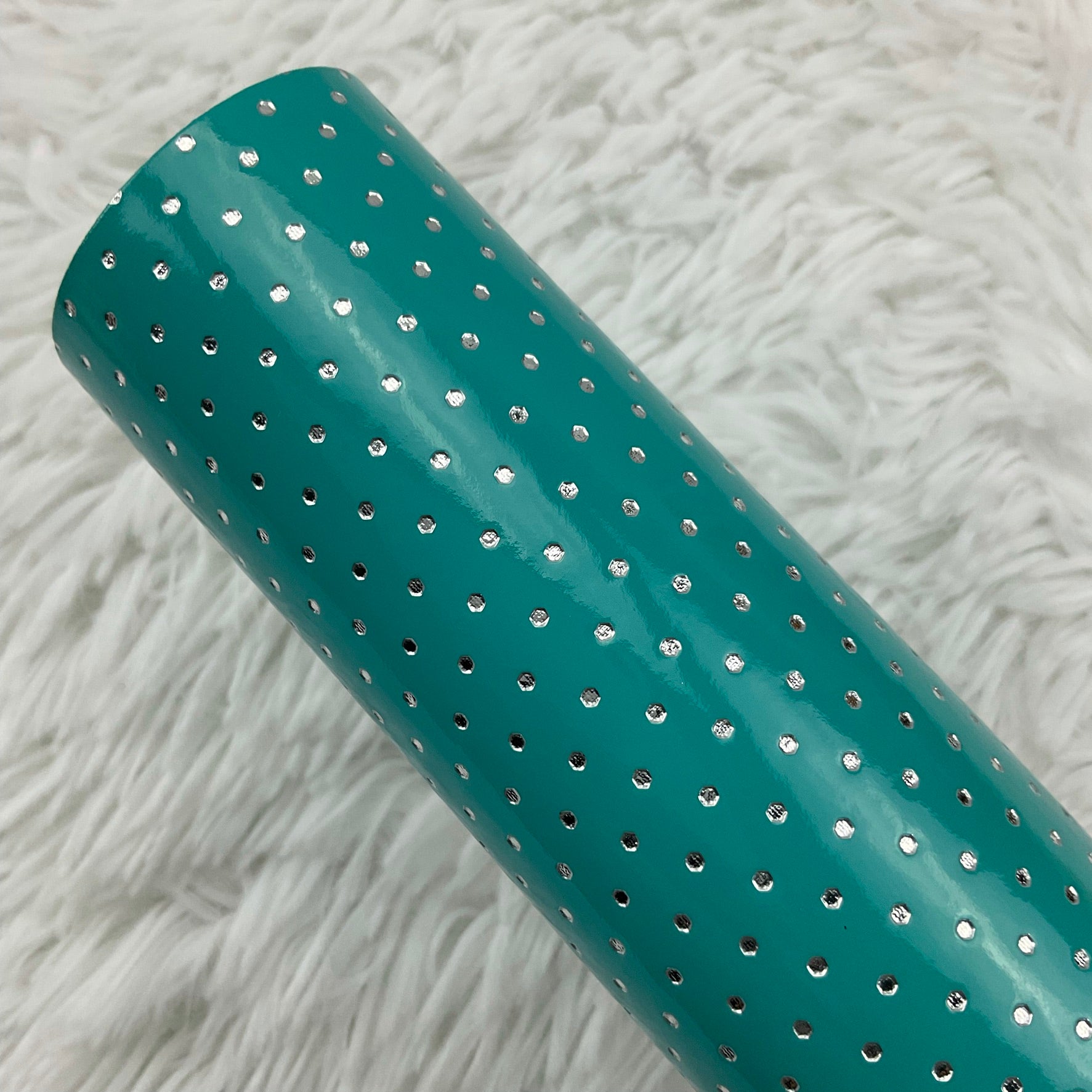 Turquoise Silver Polka Dots Stamped Embossed Glossy Faux Leather