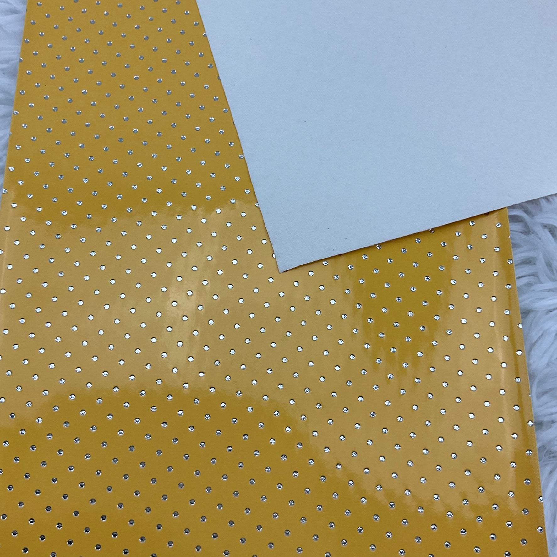 Yellow Silver Polka Dots Stamped Embossed Glossy Faux Leather
