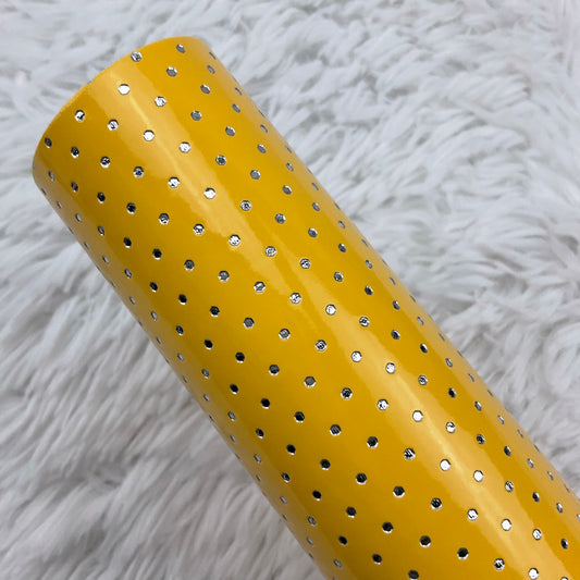 Yellow Silver Polka Dots Stamped Embossed Glossy Faux Leather