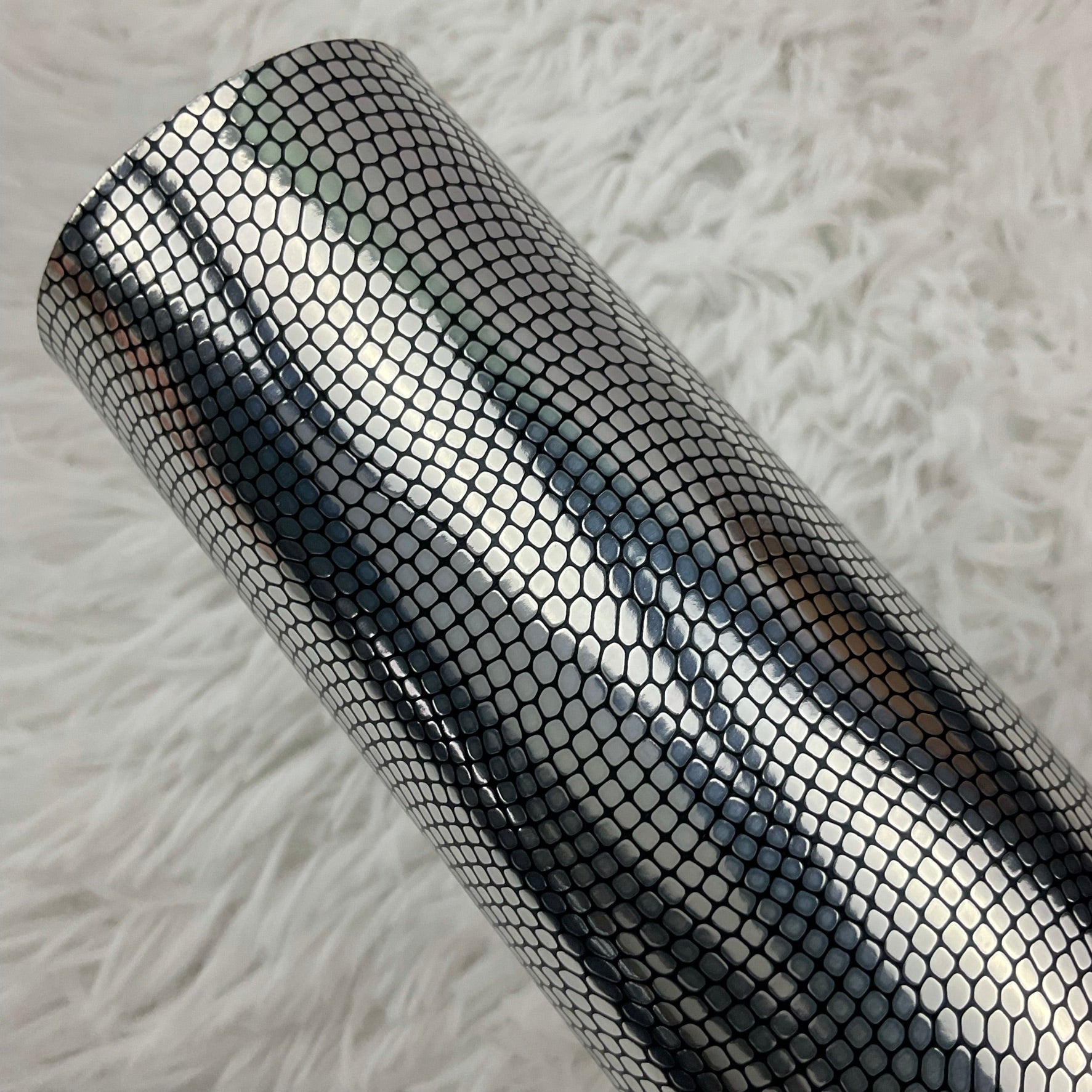 Silver and Black Embossed Pebbles Glossy Faux Leather