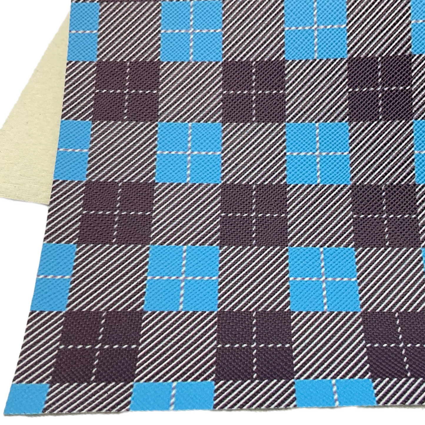 Blue Black Plaid Printed Faux Leather