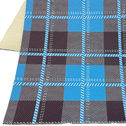 Blue Black Plaid Printed Faux Leather