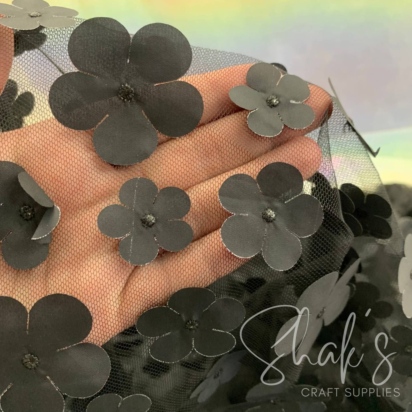Black 3D Flower Embroidery Mesh Two Way Stretch Fabric