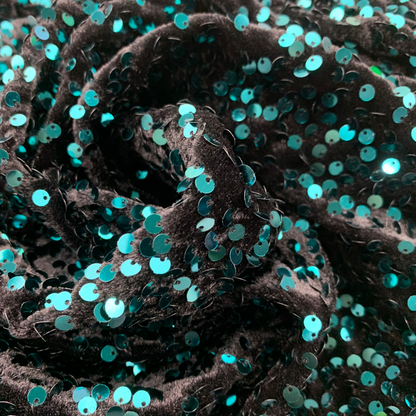 Teal Black Sequin Velvet Four Way Stretch Fabric