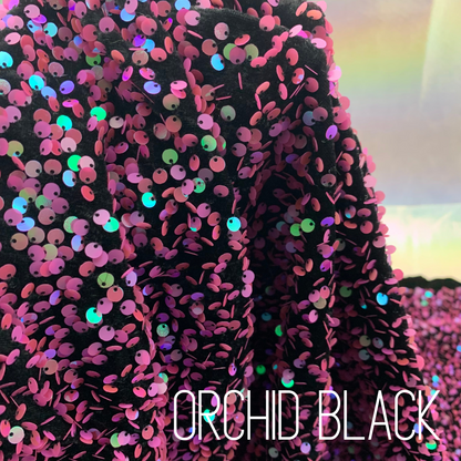 Orchid Black Sequin Velvet Four Way Stretch Fabric