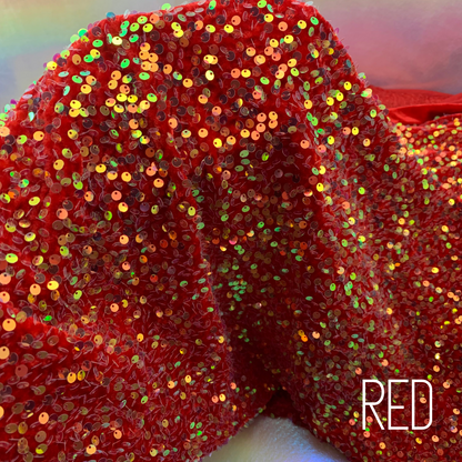 Red Sequin Velvet Four Way Stretch Fabric
