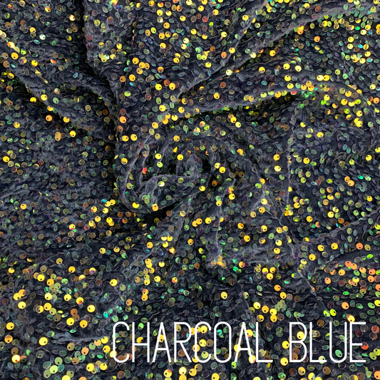 Charcoal Blue Sequin Velvet Four Way Stretch Fabric