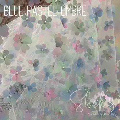 Blue Pastel Ombre 3D Flower Embroidery Mesh Two Way Stretch Fabric