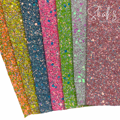 Neon Iridescent Chunky Glitter Faux Leather Sheet with Soft Polyester Backing
