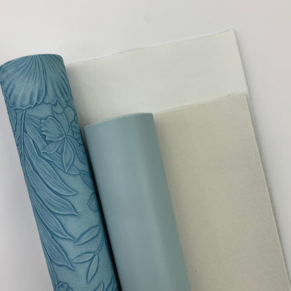 MOONSTONE BLUE “Embossed Tropics” Faux Leather Large and Half Yard Rolls