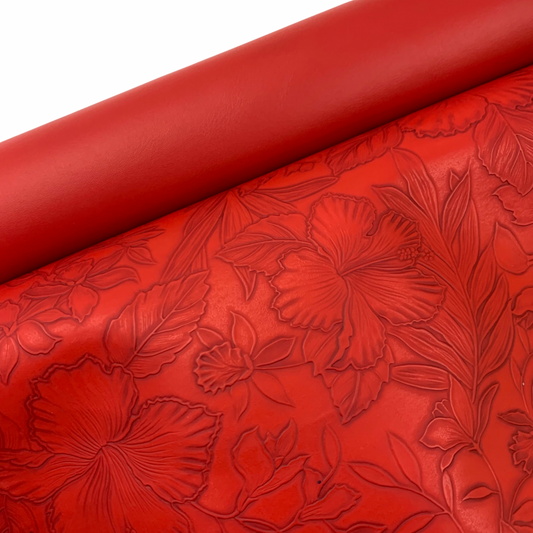 Lipstick Red “Embossed Tropics” Faux Leather Half Meter Rolls