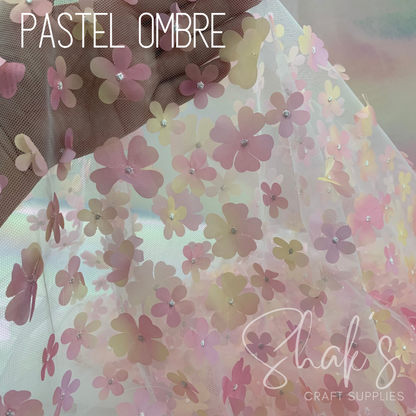Pastel Ombre 3D Flower Embroidery Mesh Two Way Stretch Fabric