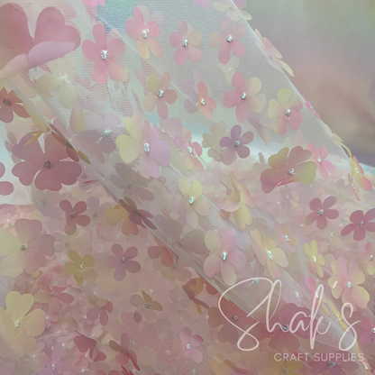 Pastel Ombre 3D Flower Embroidery Mesh Two Way Stretch Fabric