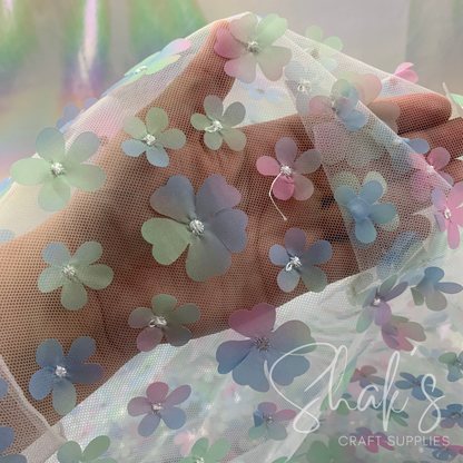 Blue Pastel Ombre 3D Flower Embroidery Mesh Two Way Stretch Fabric