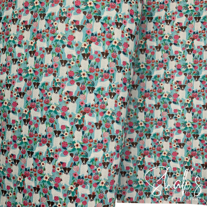 Terrier Dog Floral Print Vegan Leather Fabric