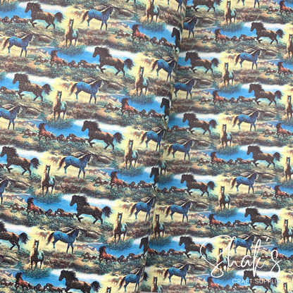 Prairie Horses Wild Running Stallions Print Vegan Leather Fabric (IMPERFECT)