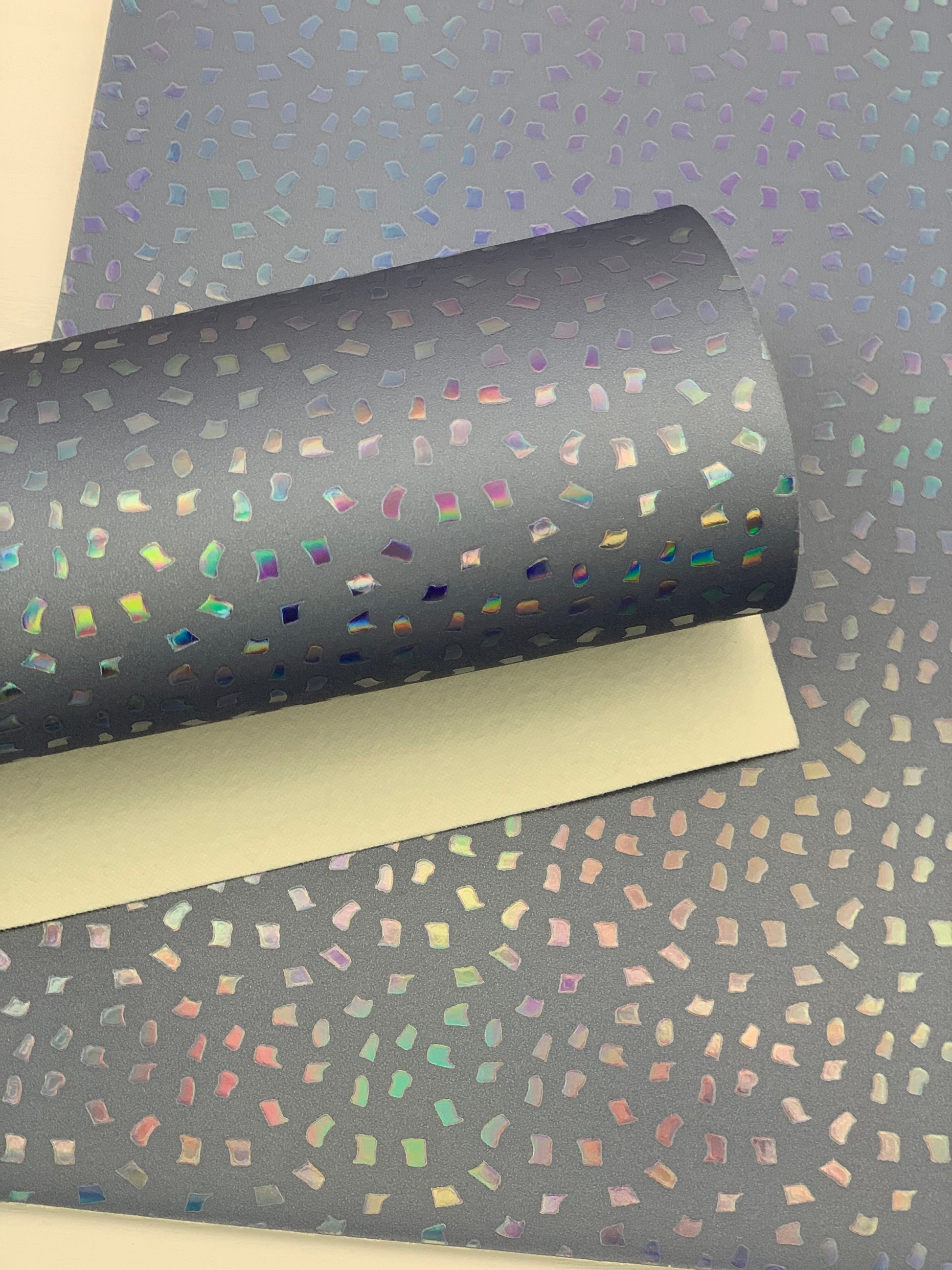 Gray Blue Holographic Laser Flakes Embossed Textured Faux Leather Sheet