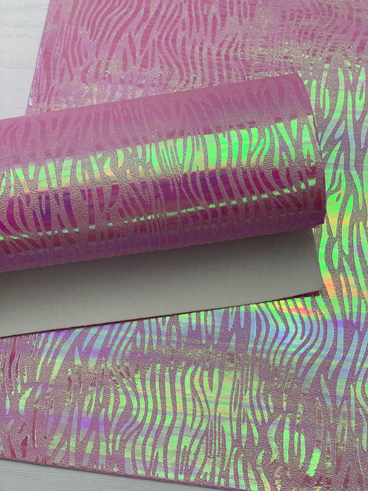 Pink Zebra Holographic Textured Embossed Faux Leather Sheet