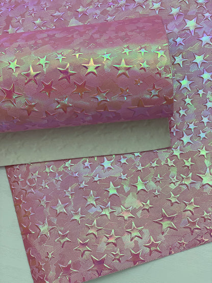 Pink Holographic Stars Textured Embossed Faux Leather Sheet