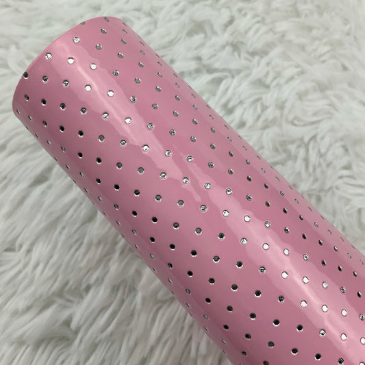 Pink Silver Polka Dots Stamped Embossed Glossy Faux Leather