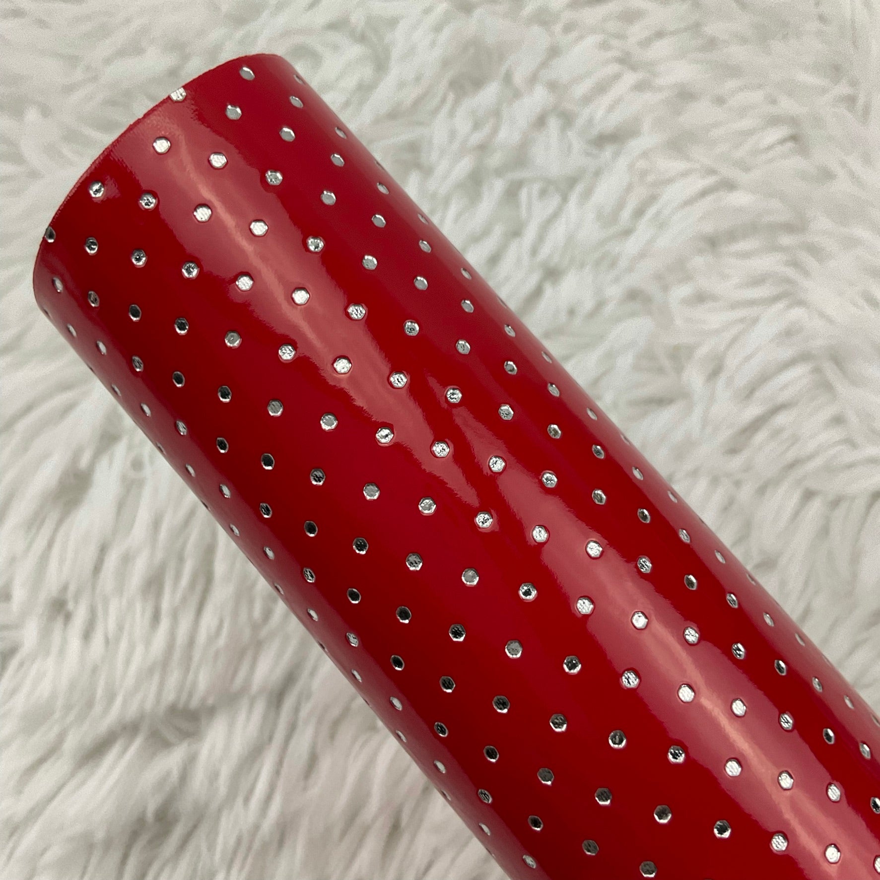 Red Silver Polka Dots Stamped Embossed Glossy Faux Leather