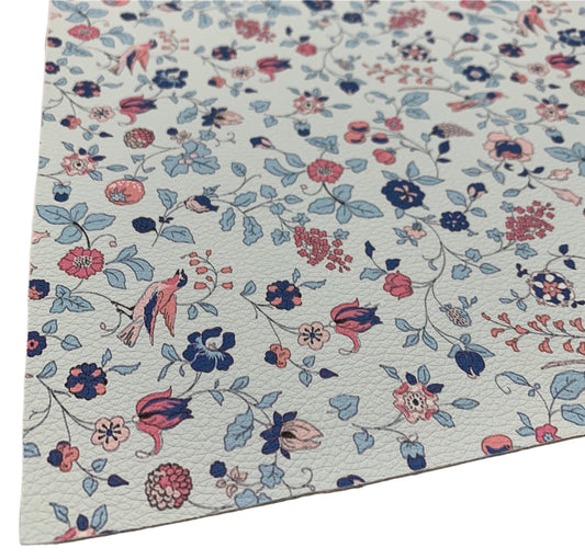 Blue Floral Birds Pebble Faux Leather